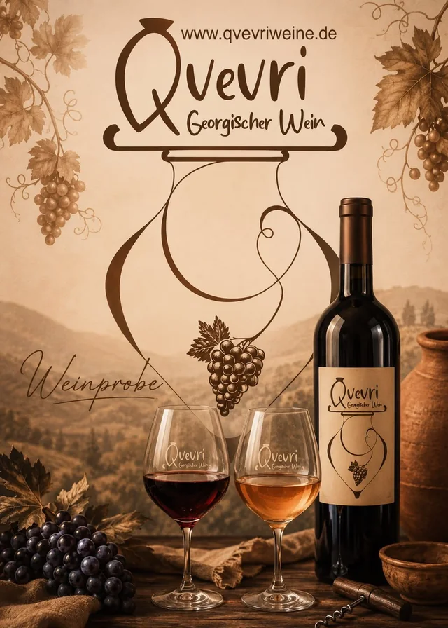 Plakat zur Weinprobe von Qvevri: Logo, eine Flasche Qvevri-Wein und zwei Gläser mit Rot- und Bernsteinwein vor einer Hügellandschaft
