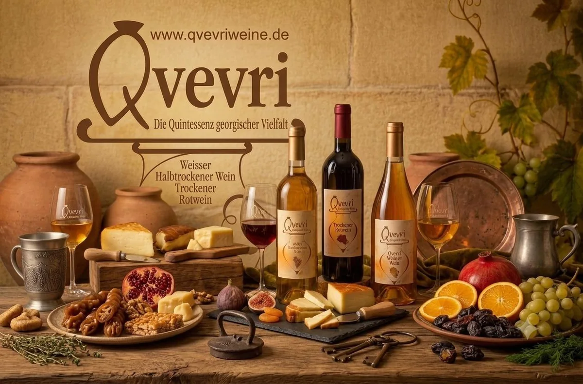 Gedeckte Tafel mit Qvevri-Weinen, Käse, Früchten und Tonkrügen